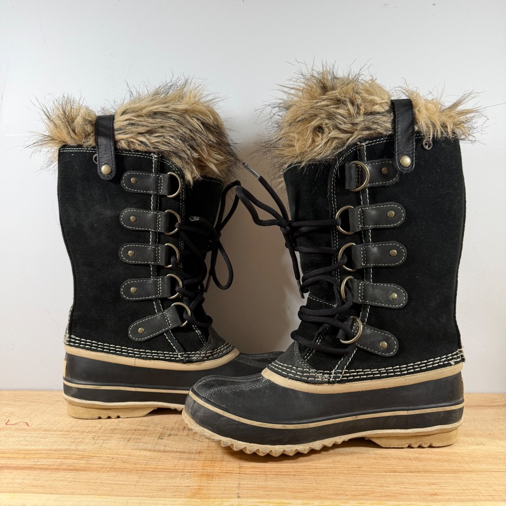 Sorel Joan of Arctic Boots Women 6 Black Waterproof Suede Faux Fur Snow Winter